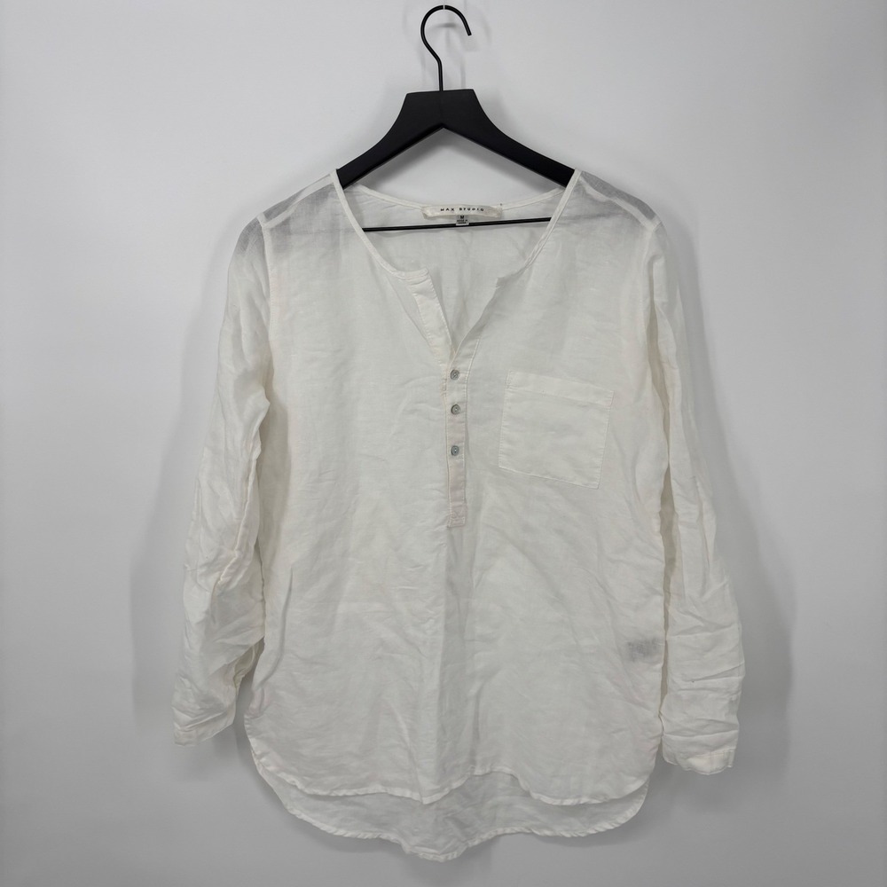 Max Studio Linen Tunic Top Womens Medium White Roll Tab Sleeve Boho Quiet Luxury